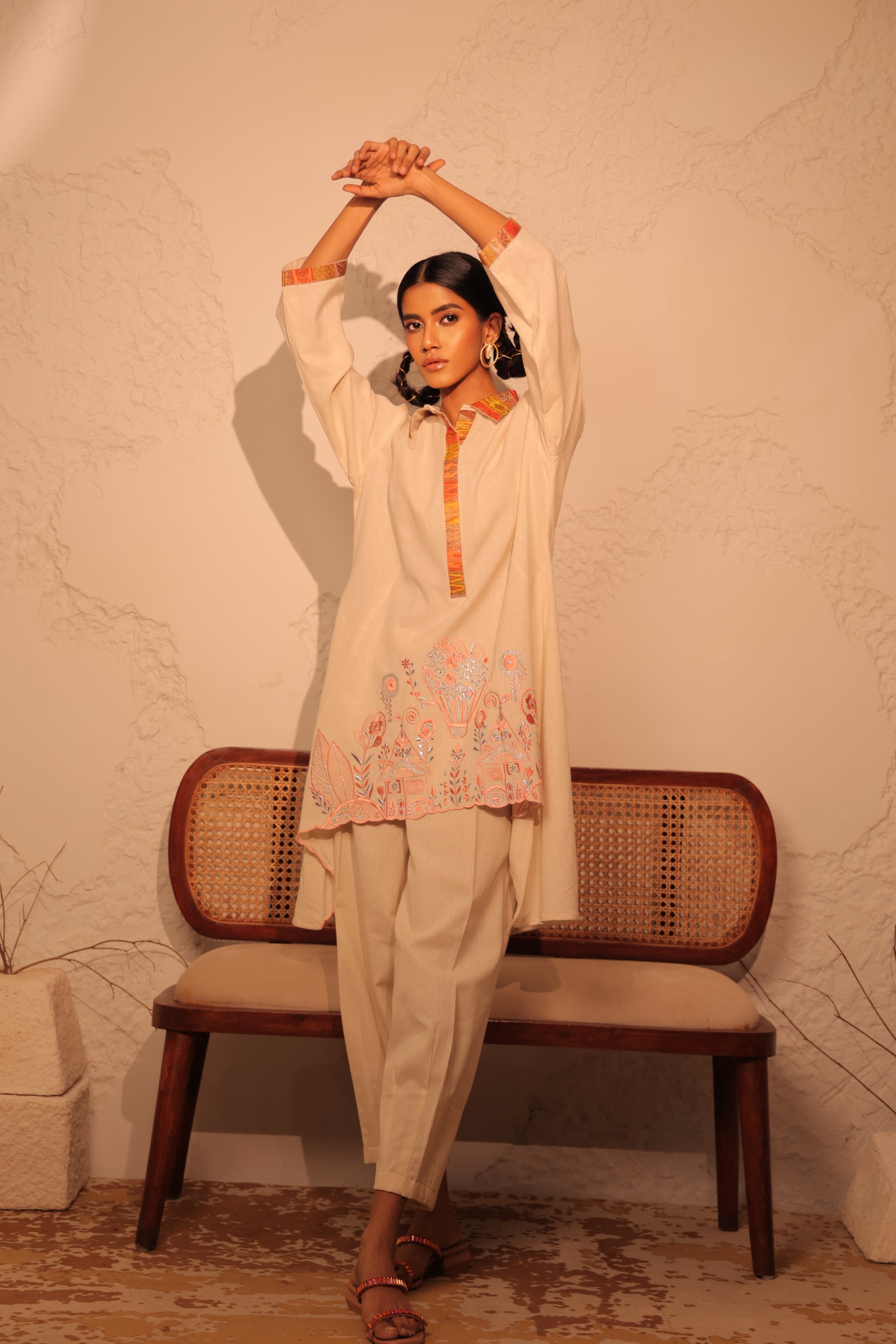 Oblique Collared Embroidered Tunic Set