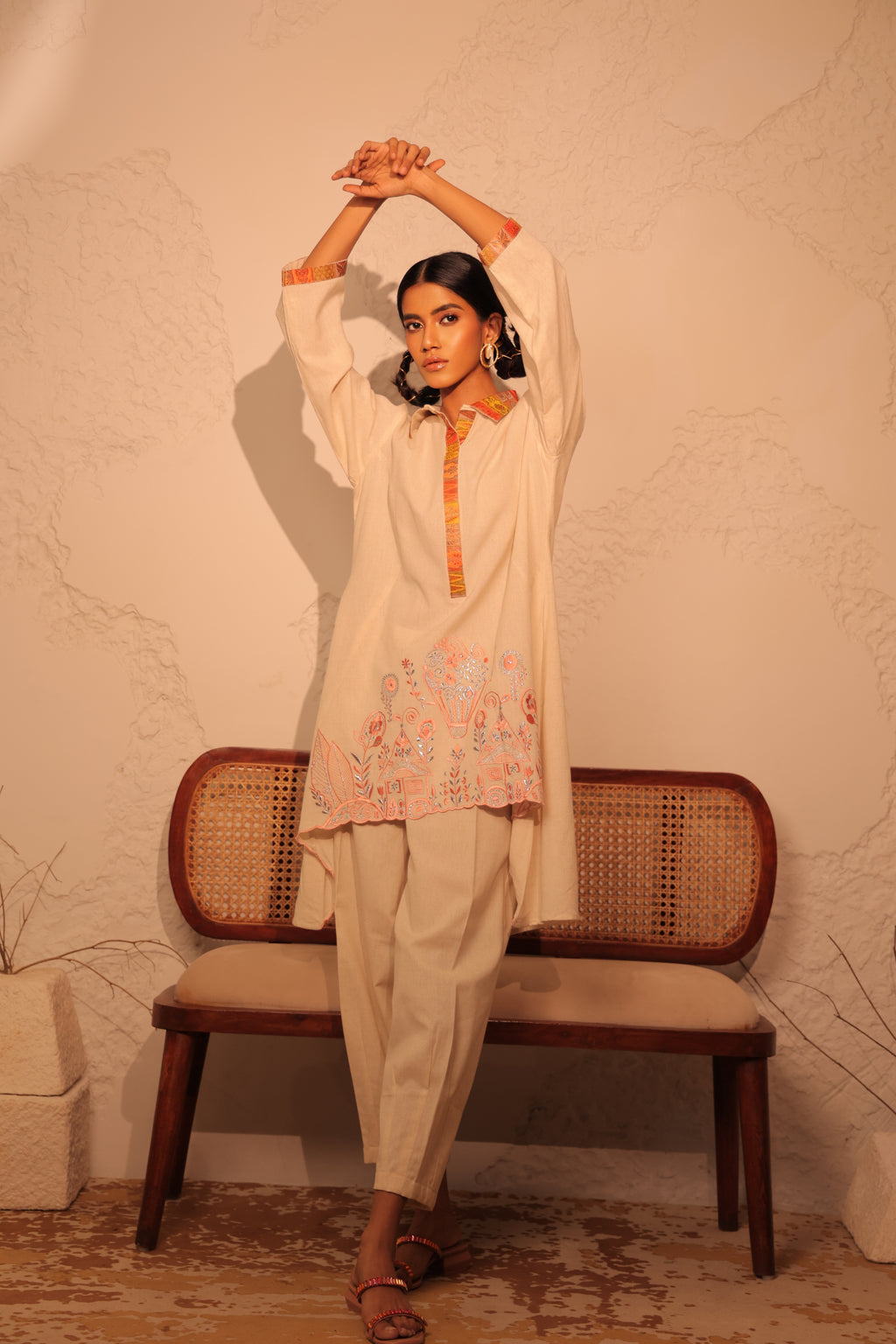 Oblique Collared Embroidered Tunic