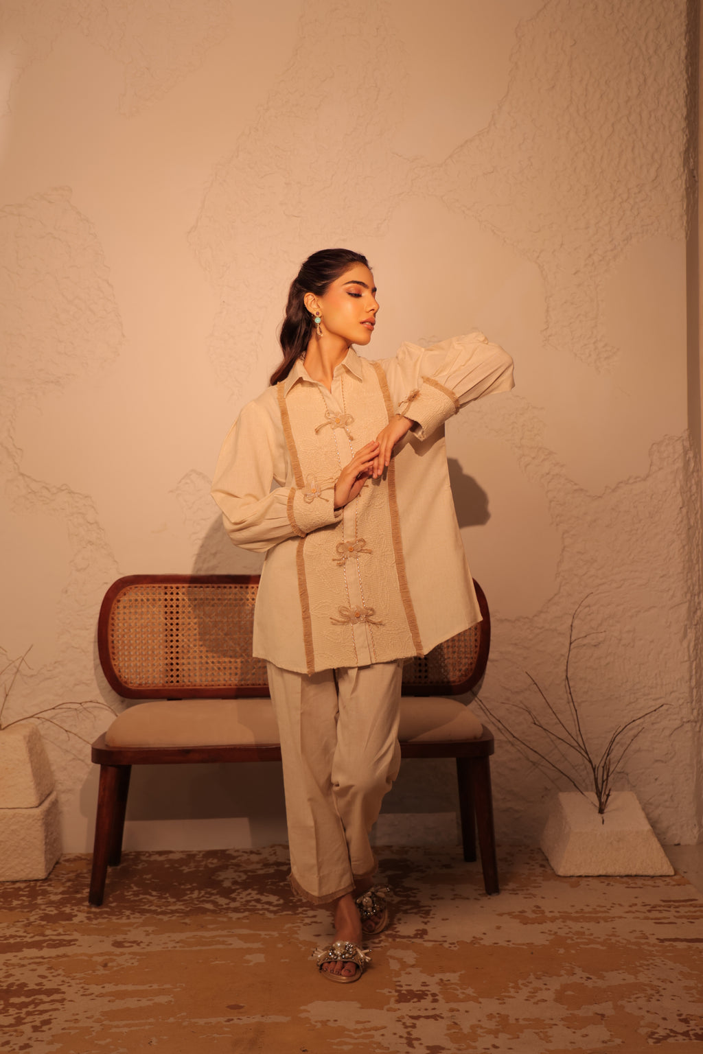 Burlap bow button tunic set