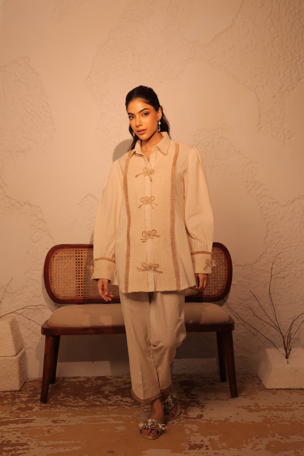 Burlap bow button tunic set