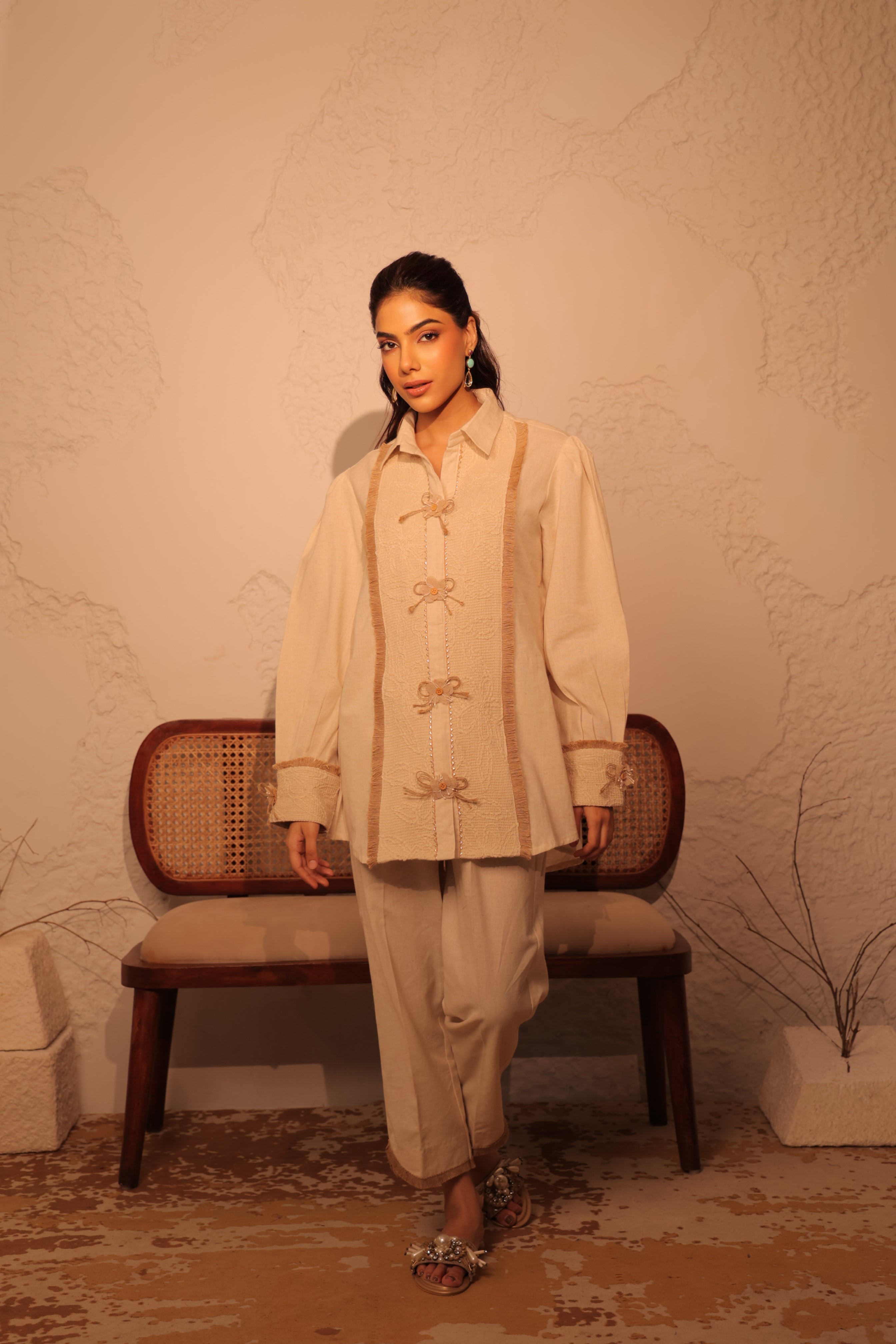 Burlap bow button tunic set